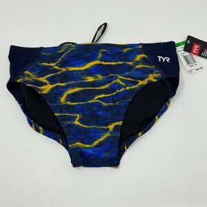 TYR Lambent Men's Swim Briefs Size 36 Navy/Gold Wave Pattern UPF 50+ Protection